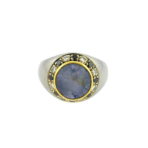 6.3 ct star sapphire  .32 black and white diamonds  sterling silver ring  14 k yellow gold bezel