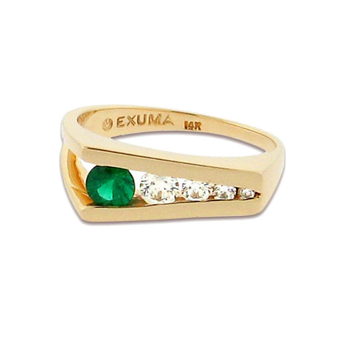round emerald with four round diamonds set in 14 k yellow gold ring 
