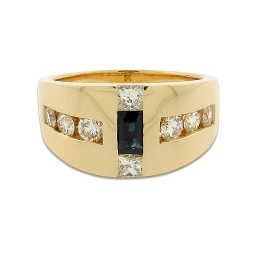 two princess cut green sapphires in center with round diamonds set in a 14 k yellow gold ring