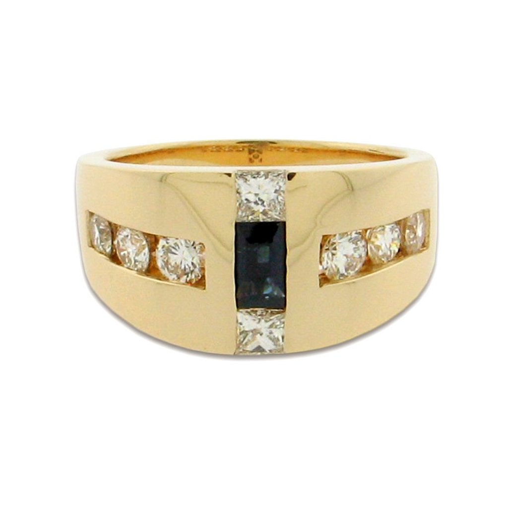 two princess cut green sapphires in center with round diamonds set in a 14 k yellow gold ring