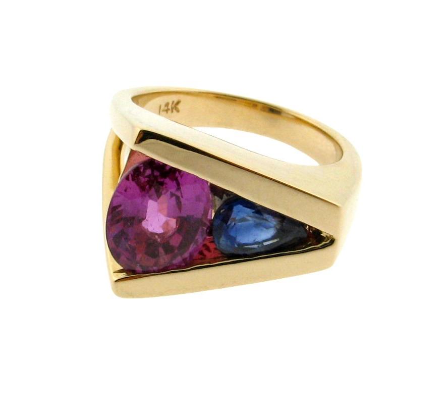 Pink and Blue Sapphire Deep V Ring
