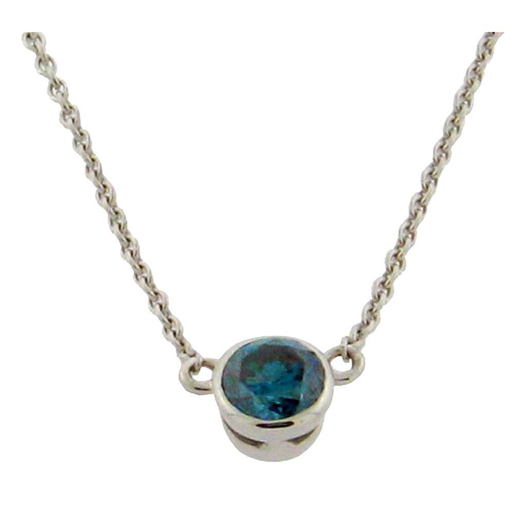 Blue diamond solitaire bezel set pendant in 14k white gold on a 14k chain