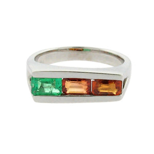 .63 ct emerald  .71 ct burnt orange sapphire  .65 ct bright orange sapphire set in a 14 k white gold ring