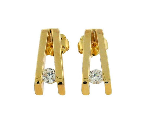 two round diamonds set in 14 k yellow gold v shaped studs
