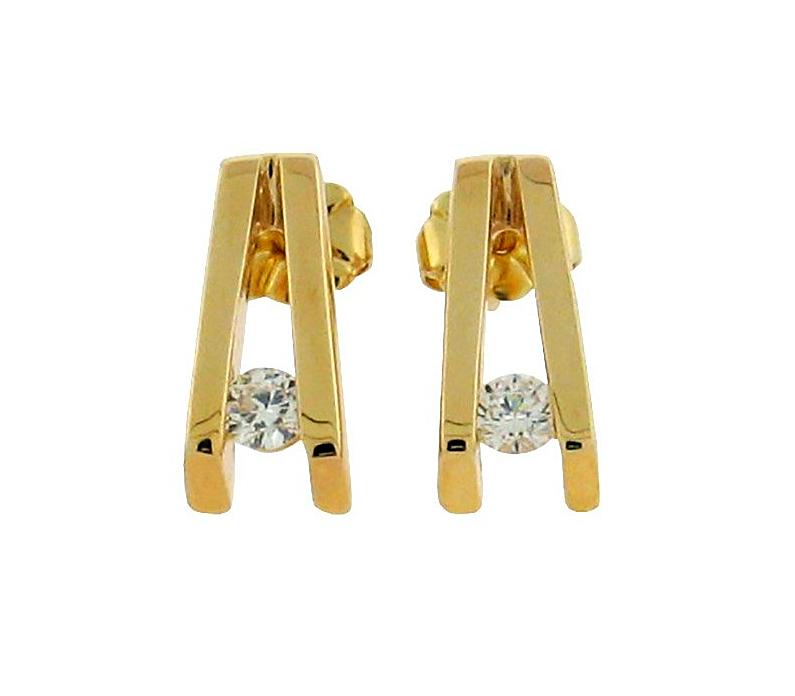 two round diamonds set in 14 k yellow gold v shaped studs