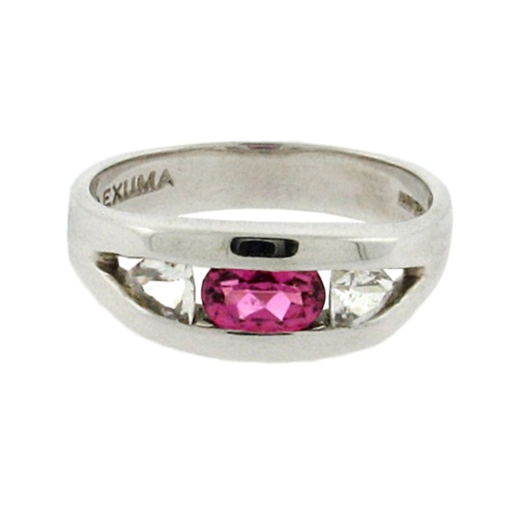 .49 ct oval pink tourmaline  .42 ct total weight trillion cut white sapphires  sterling silver ring