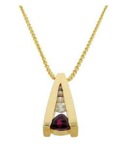 trillion cut ruby with three round diamonds set in 14 k yellow gold v shaped pendant on a 14 k yellow gold chain