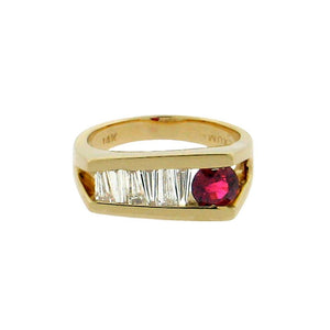 .60 ct round ruby  .72 total weight tapered baguette diamonds  14 k yellow gold ring